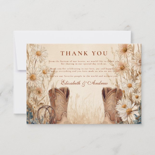 Carte De Remerciements Mariage rustique de bottes de marguerite (Devant)