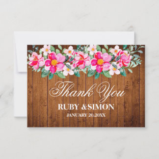 Carte De Remerciements Mariage rustique en bois Fleurs roses Lumières Den