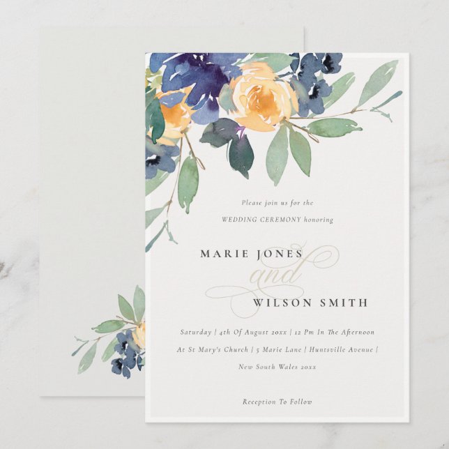 Carte De Remerciements Mariage rustique jaune bleu floral joyeux Invite (Devant / Derrière)