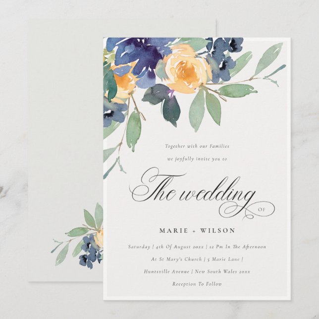 Carte De Remerciements Mariage rustique jaune bleu floral joyeux Invite (Devant / Derrière)