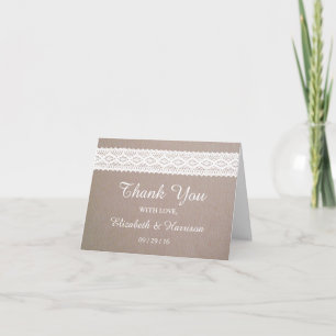 Carte De Remerciements Mariage rustique Kraft et Vintage en dentelle blan