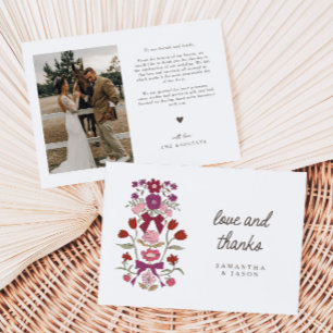 Carte De Remerciements Mariage Rustique Magenta Ruban et Fleurs