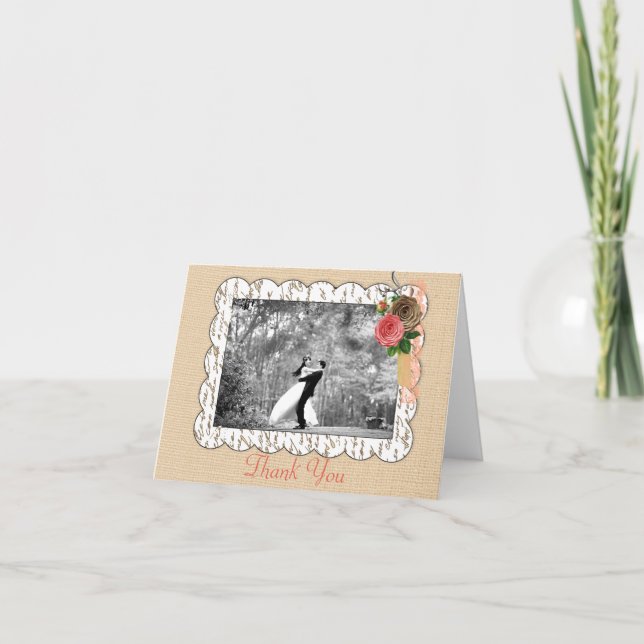 Carte De Remerciements Mariage Shabbychic Toile Burlap Rose Fleurs Dentel (Devant)