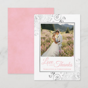 Carte De Remerciements Mariage Silver Lace Rose sur White Love & Thanks
