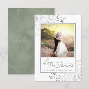 Carte De Remerciements Mariage Silver & Sage Green White Love & Thanks