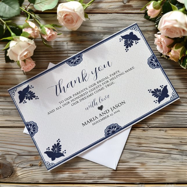 Carte De Remerciements Mariage Simple Fête Mexicaine Fleur Bleue Otomi (Mexican Blue Floral Otomi Simple Fiesta Wedding Thank You Card)