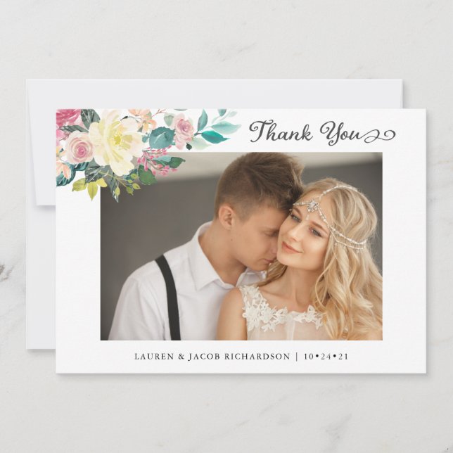 Carte De Remerciements Mariage | simple floral moderne de deux photos (Devant)