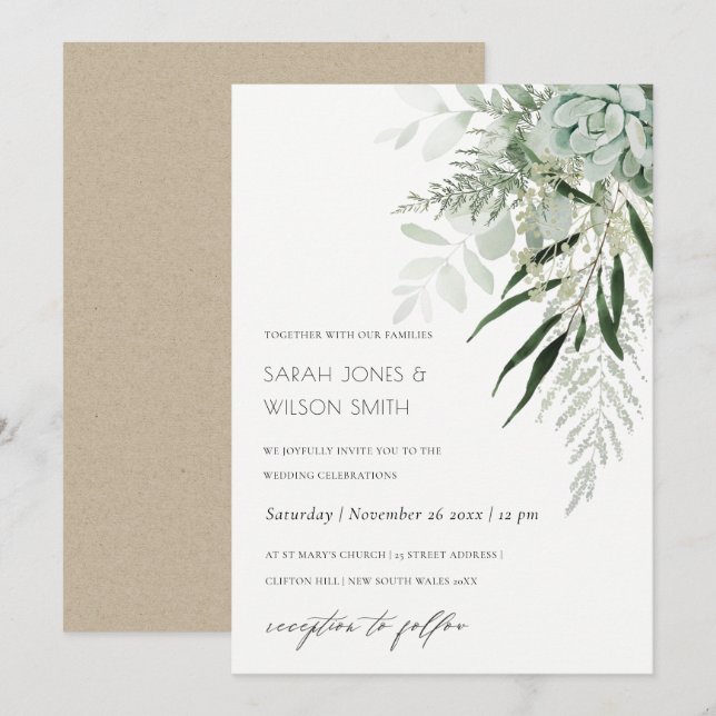 Carte De Remerciements Mariage Succulent de la fougère verte Dusky Invite (Devant / Derrière)