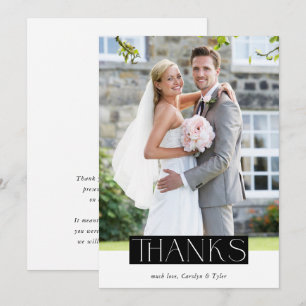 Carte De Remerciements MARIAGE THANKS photo moderne chic serif superposit