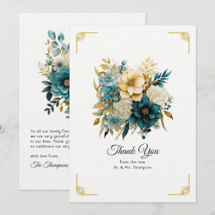 Carte De Remerciements Mariage turquoise et or Floral