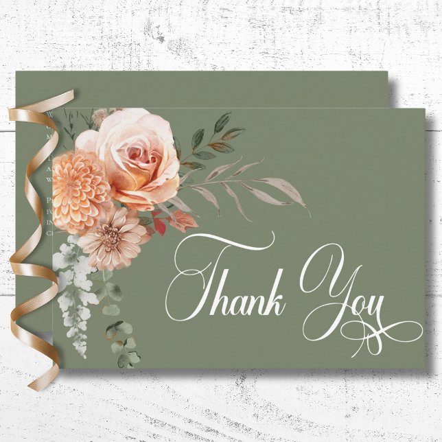 Carte De Remerciements Mariage vert Boho Peach & Rust Floral Sage (Boho Peach & Rust Floral Sage Green Wedding Thank You Card)