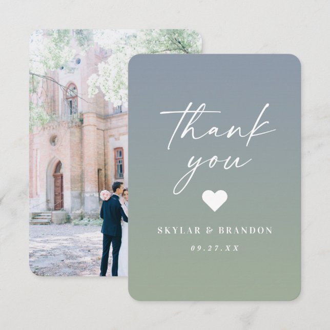 Carte De Remerciements Mariage vert doux Ombre Dusty bleu et feuille (Devant / Derrière)