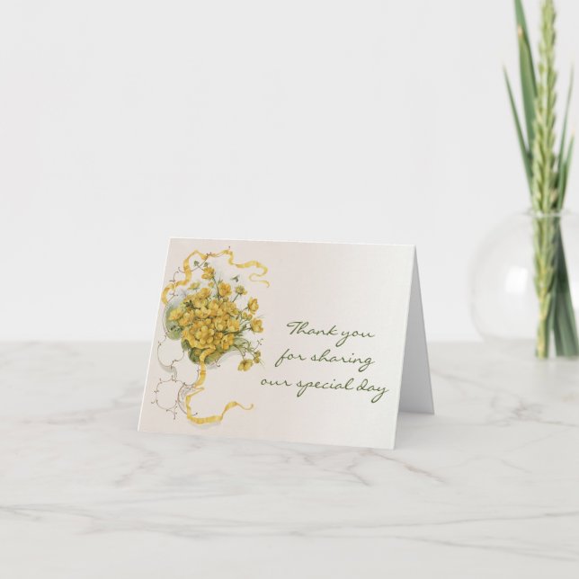 Carte De Remerciements Mariage vintage, Fleurs et abeilles en beige jaune (Devant)