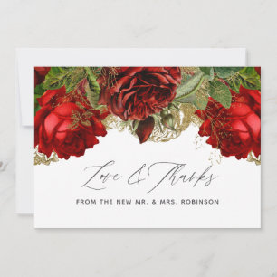 Carte De Remerciements Mariage Vintage Rose Rouge Bourgogne et Or