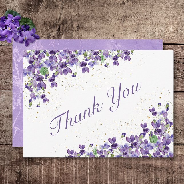 Carte De Remerciements Mariage violet d'aquarelle violette (Rustic Purple Violets Gold Sparkle Wedding Thank You Card)
