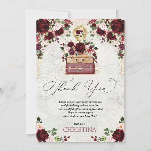 Carte De Remerciements Mariage Voyage Thème Fleurs Rouge Bourgogne et Ros (Devant)