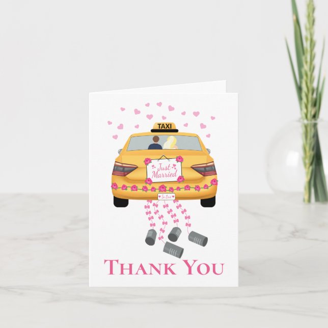 Carte De Remerciements Mariée Groom Taxi rose Jaune Juste Marié Mariage (Devant)