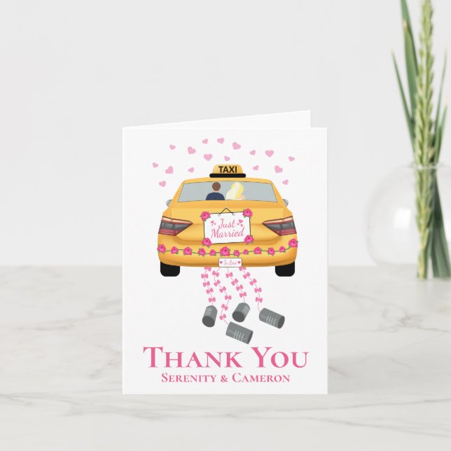 Carte De Remerciements Mariée Groom Taxi rose Jaune Juste Marié Mariage (Devant)
