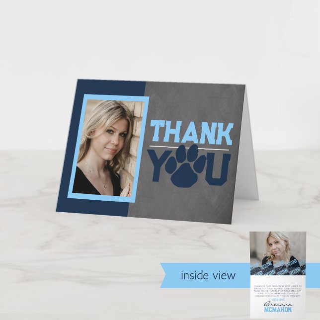Carte De Remerciements Marine & Bébé Bleu Paw Graduation Paquet photo (Baby Blue & Navy Chalkboard 2 Photo Pawprint Folding Thank You Cards)