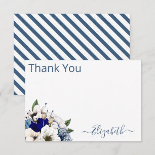 Carte De Remerciements Marine blanche sophistiquée et Flore bleu poussiér
