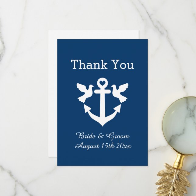 Carte De Remerciements Marine bleu ancre nautique blanc mariage de colomb (Devant/Arrière en situation)