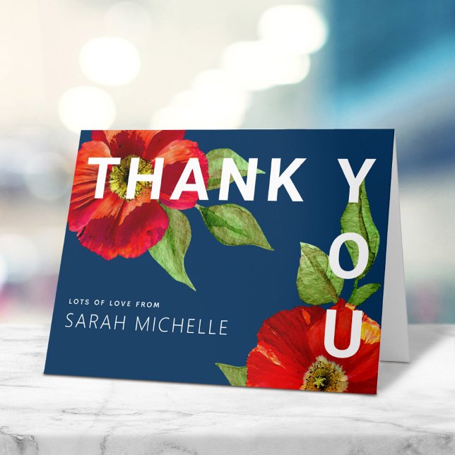 Carte De Remerciements Marine bleu Bat mitzvah moderne rouge Floral Aquar (Créateur téléchargé)