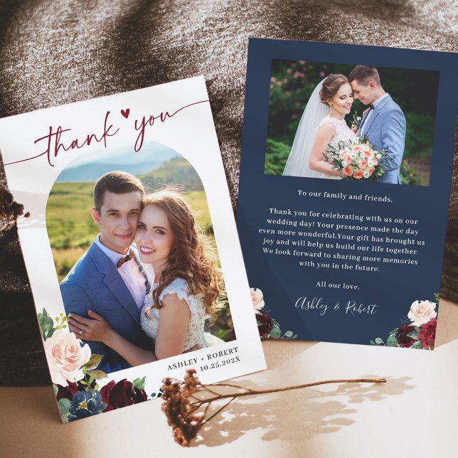 Carte De Remerciements Marine Bleu Bourgogne Arc Floral Mariage Photo (Créateur téléchargé)