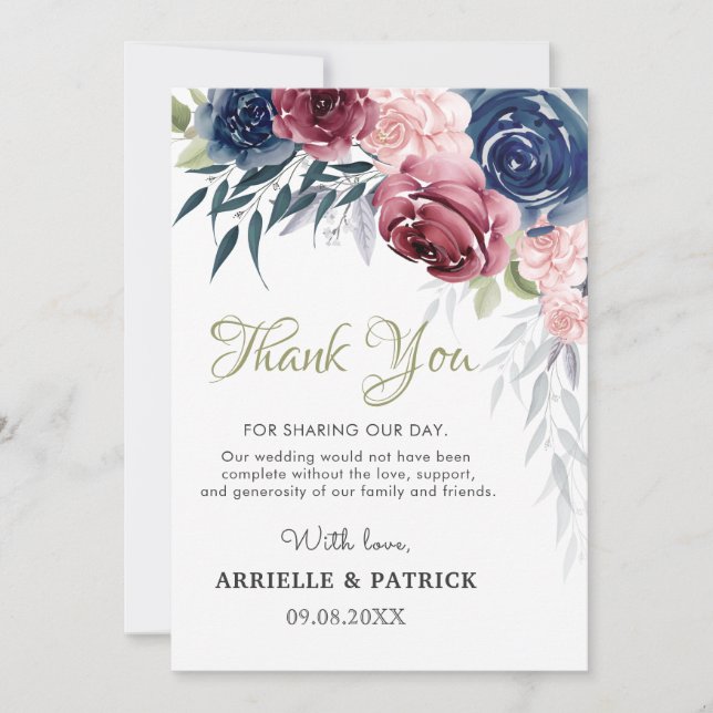 Carte De Remerciements Marine Bleu Bourgogne Floral Rose Blush Pink Maria (Devant)