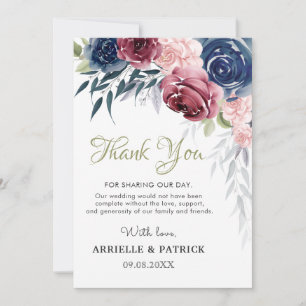 Carte De Remerciements Marine Bleu Bourgogne Floral Rose Blush Pink Maria