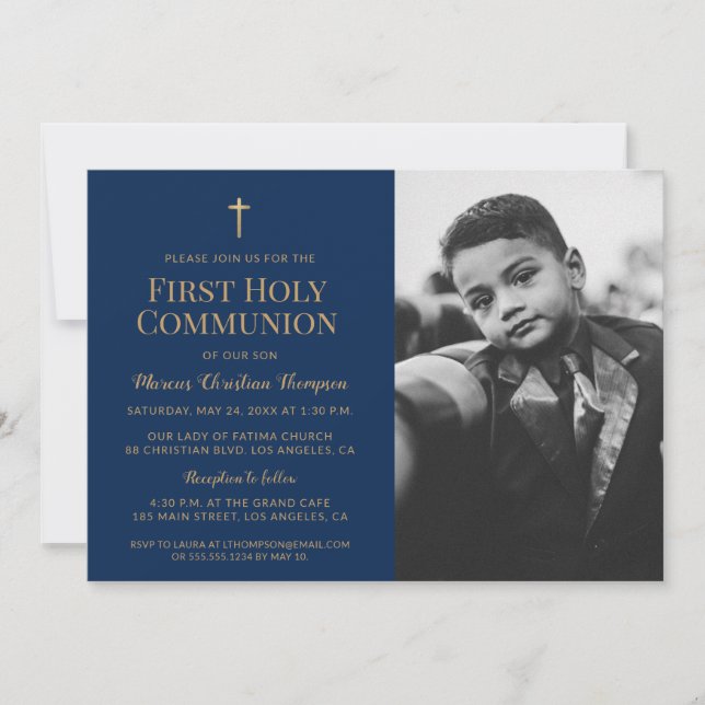 Carte De Remerciements Marine bleu Gold Photo Première communion invitati (Devant)