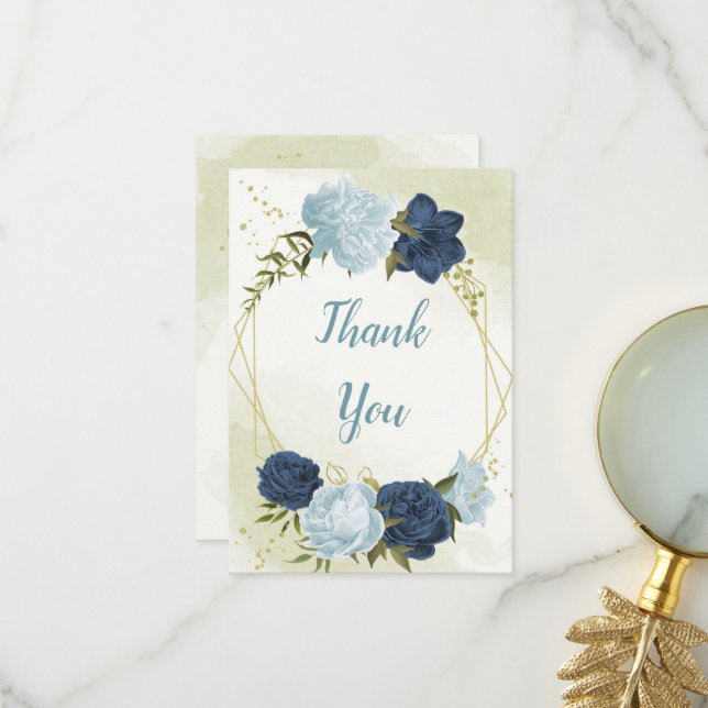 Carte De Remerciements marine bleu poussiéreux fleurs vert feuille mariag (Devant/Arrière en situation)