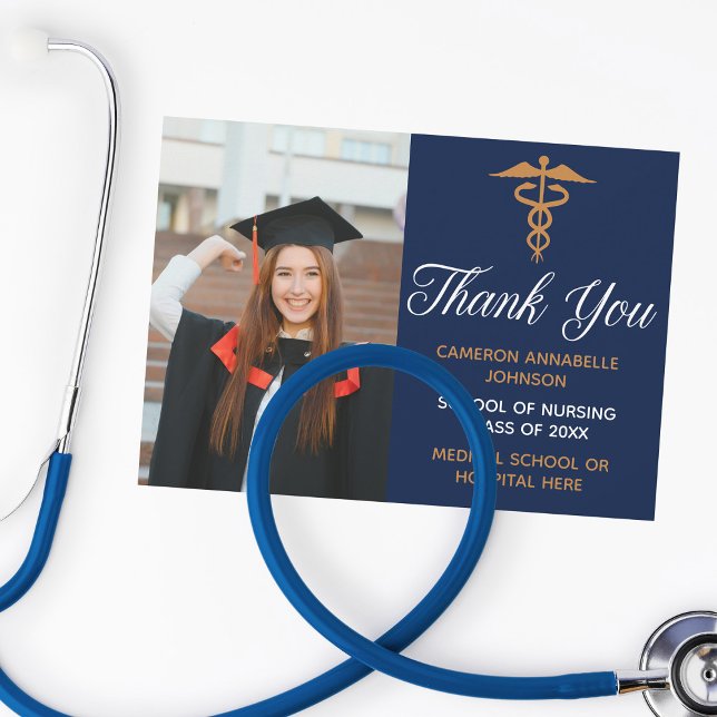 Carte De Remerciements Marine Blue Gold Graduation Photo Infirmière ou mé (Créateur téléchargé)