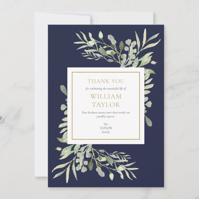 Carte De Remerciements Marine Blue Modern Funeral Memorial Vert (Devant)