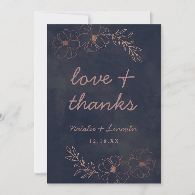 Carte De Remerciements Marine Blue & Rose Gold Chic Mariage Amour et Merc (Devant)