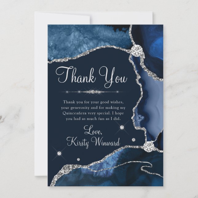 Carte De Remerciements Marine Blue & Silver Faux Parties scintillant Agat (Devant)