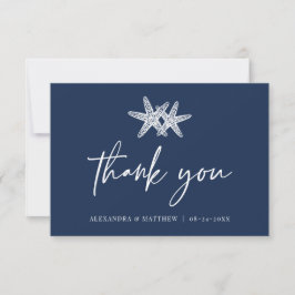 Carte De Remerciements Marine Blue Starfish Modern Script Beach Mariage