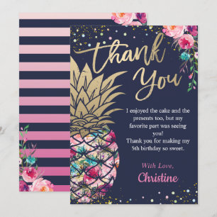 Carte De Remerciements Marine Blue Tropical Rose Or Ananas Floral