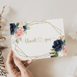 Carte De Remerciements Marine Blush Floral or Mariage plat géométrique