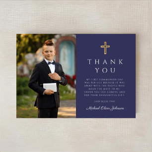 Carte De Remerciements Marine Croix Bleue Boy Photo First Communion