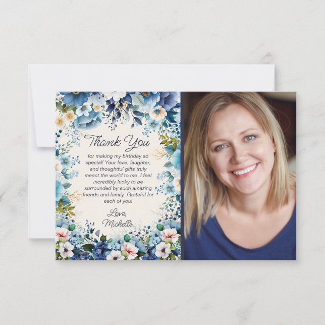 Carte De Remerciements Marine Dusty Bleu Blanc Floral Photo Anniversaire (Devant)