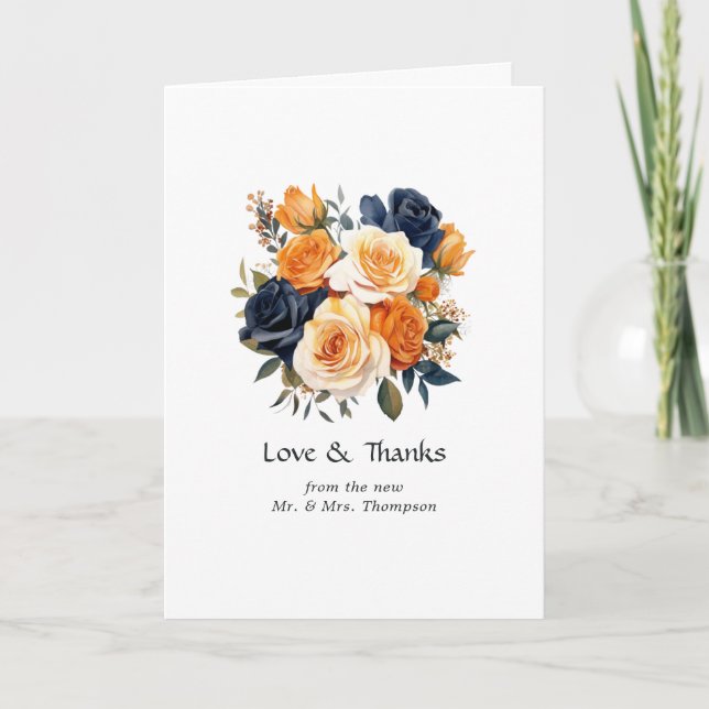 Carte De Remerciements Marine et Mariage Floral Orange (Devant)