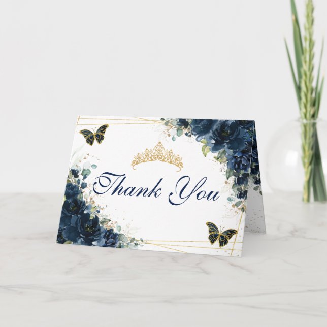 Carte De Remerciements Marine Flore Quinceañera Anniversaire Papillons (Devant)