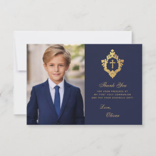 Carte De Remerciements Marine Gold First Communion Elegant Boy Photo Cres