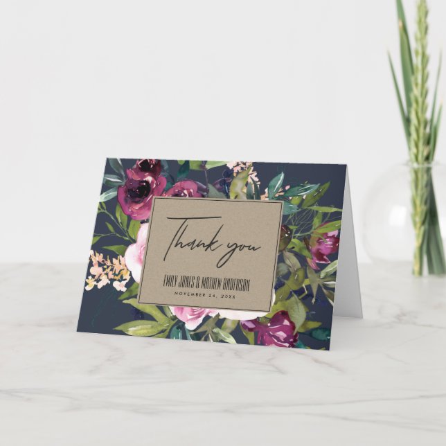 CARTE DE REMERCIEMENTS MARINE KRAFT BLUSH BURGUNDY FLORAL BUNCH MARIAGE (Devant)