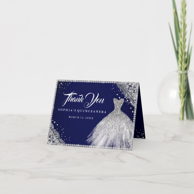 Carte De Remerciements Marine Silver Diamond Sparkle Gown Quinceanera (Devant)