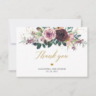 Carte De Remerciements Maroon fleurs roses rousse parties scintillant or 