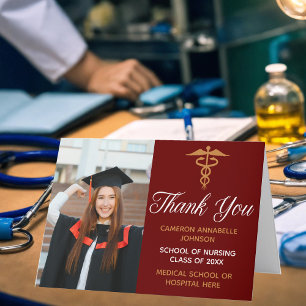 Carte De Remerciements Maroon Gold Graduation Photo École Médicale