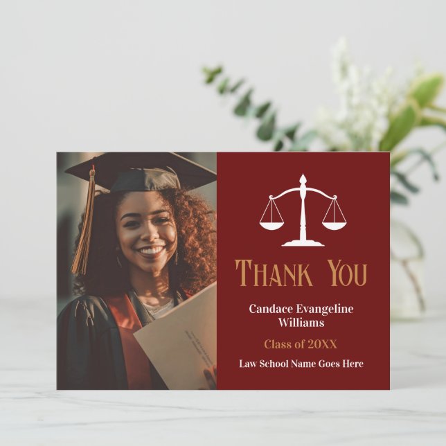 Carte De Remerciements Maroon Gold Law School Graduate Photo (Debout devant)