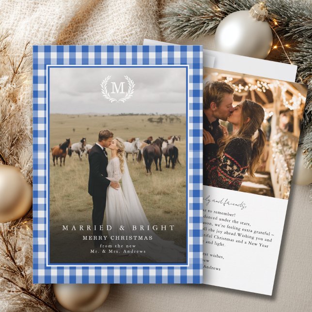 Carte De Remerciements "Married & Bright" Gingham Monogram Crest 2 Photo ("Married & Bright" Gingham Monogram Crest 2 Photo Thank You Card)