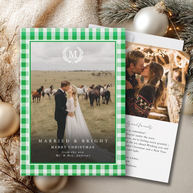 Carte De Remerciements "Married & Bright" Gingham Monogram Crest 2 Photo ("Married & Bright" Gingham Monogram Crest 2 Photo Thank You Card)
